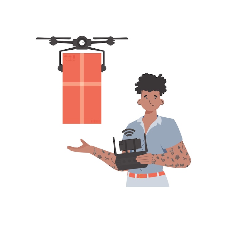 Vector the theme of cargo delivery by air a man controls a drone with a package isolated on white background trendy style vector illustration