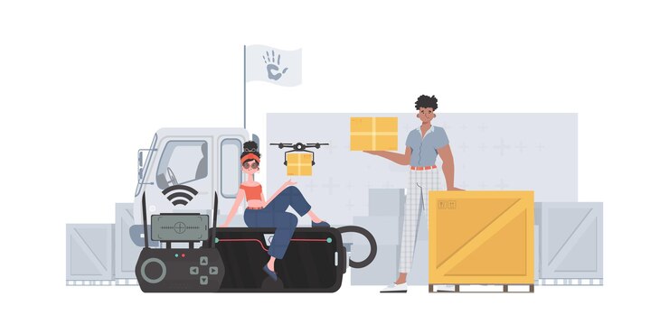 Vector the theme of humanitarian aid the drone is transporting the parcel man and woman with cardboard boxes flat modern design vector