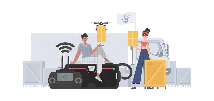 Vector the theme of humanitarian aid the quadcopter is transporting the parcel man and woman with cardboard boxes trendy style vector