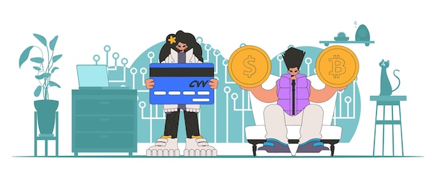 Vector the theme of the management of interaction with digital monetary assets a team of people interact with crypto assets