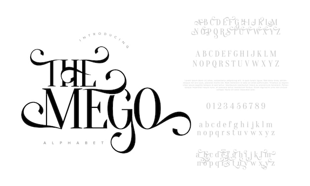 Vettore themego premium lusso eleganti lettere e numeri dell'alfabeto elegante tipografia per matrimoni classica serif