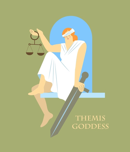 Vector themis the goddess sits on the windowsill in one hand holding a sword in the other hand hold scales