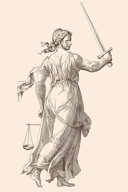 Themis è la dea della giustizia con una spada e una bilancia nelle sue mani