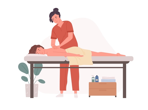 Therapeut die de rug van de patiënt masseert. Persoon die op de bank ligt en geniet van een lichaamsbehandeling met SPA. Wellness fysiotherapie in salon. Gekleurde platte cartoon vectorillustratie geïsoleerd op een witte achtergrond.