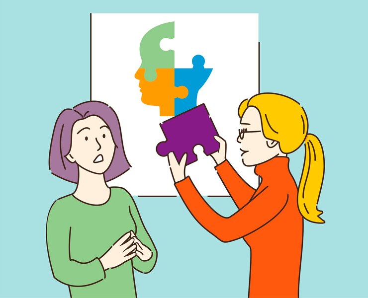 Vector therapist helping the client to understand herself psychologist holding  puzzle personal integrity