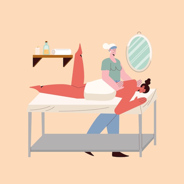 Therapist and woman cartoon with towel on massage bed