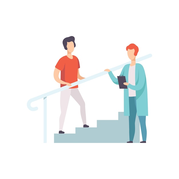 Therapist working with male patient climbing the stairs medical rehabilitation physical therapy activity vector Illustration isolated on a white background