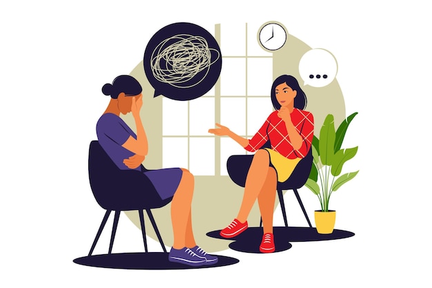 Therapy and counselling under stress and depression. woman psychotherapist supports girl with problems. vector illustration. flat