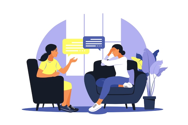 therapy and counselling under stress and depression. young woman psychotherapist supports female with psychological problems.   illustration