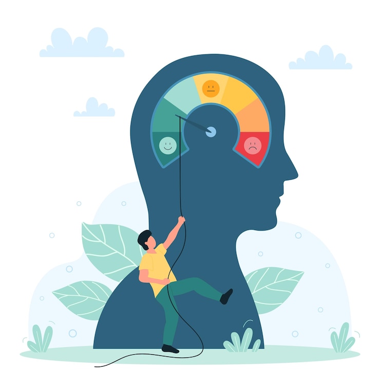 Vector therapy psychology support and coaching tiny man pushing arrow of stress level meter