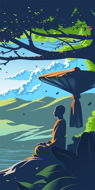 Vector a theravada monk meditating under the tree with a background of mountains