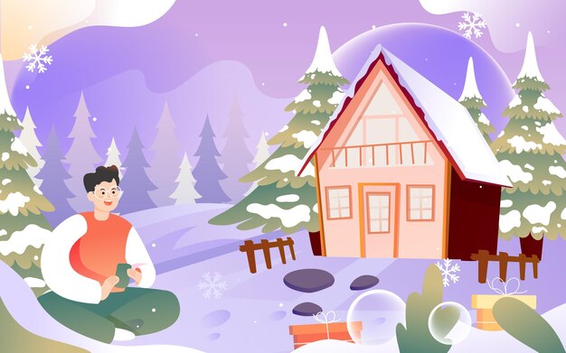 Vector there are houses in the snow in the forest with pine trees and snowy mountains in the background