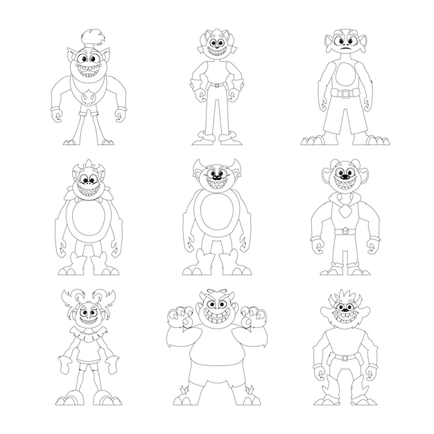 There are many funny and strange cartoon monsters in a big group Childrens coloring page