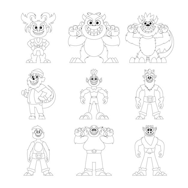 There are many strange and funny monsters in a big group Childrens coloring page