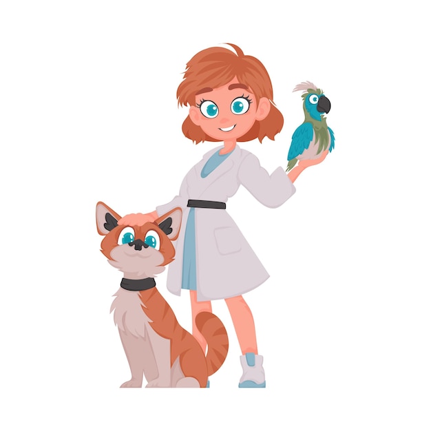 Есть забавная и милая девушка-ветеринар, которая всегда с животными. векторная иллюстрация.