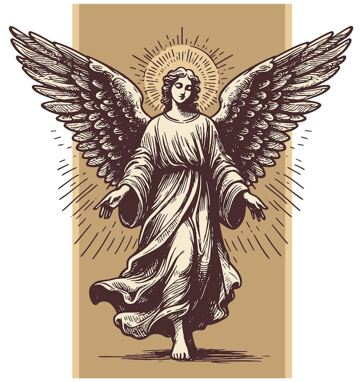 there is an angel with wings in full growth vector stencil drawing