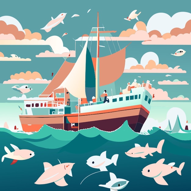 there is a big fishing boat catching a lot of fish in the picture everyone is very happy vector