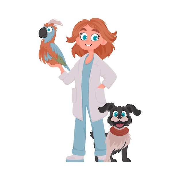 Vector there is a girl who looks after animals she is really funny and adorable and she loves spending time with them vector illustration