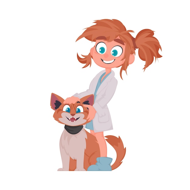 There is a lady who takes care of animals and works as a doctor for them She is really glad She owns an adorable feline Vector Illustration