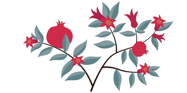 there is a red flower with green leaves and a pomegranate