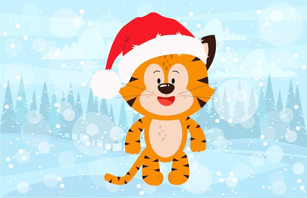 There is a tiger cub in the winter forest Greeting card template Year of the Tiger 2022