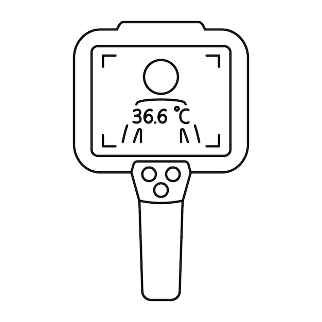 열화상 카메라. 적외선 열화상 카메라로 체온을 확인합니다. 열화상 시스템. 사람들의 체온을 스캔합니다. 코로나바이러스 검출. 발열 측정. 고립 된 벡터