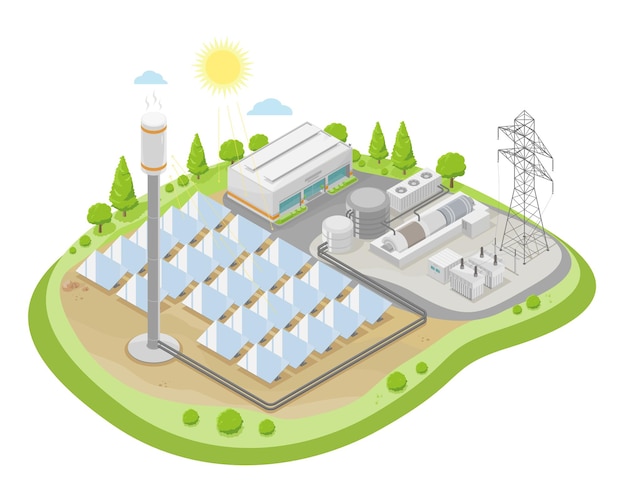 thermische zonne-energiecentralestations eenvoudig concept ecologie energie geen emissie technologie isometrisch