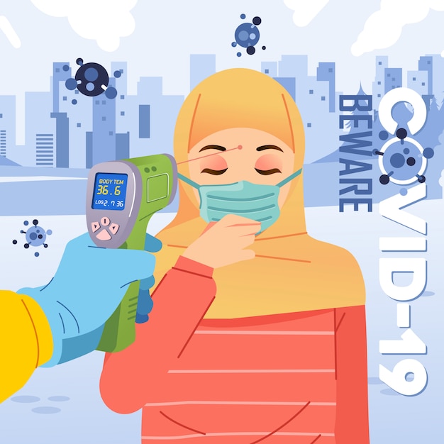 Thermo gun body temperature checks to hijab women who wearing mask and cough vetor illustration