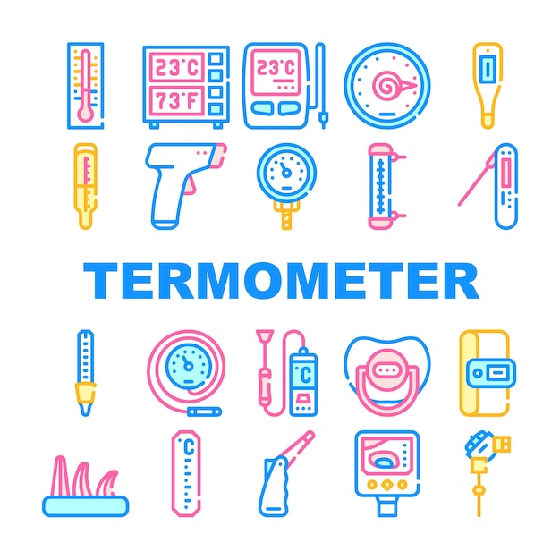 Вектор Набор иконок коллекции термометров векторные цифровые и электронные термометры окно и кухонный гаджет пирометр и фермометр измерительный инструмент концепция линейные пиктограммы контурные иллюстрации