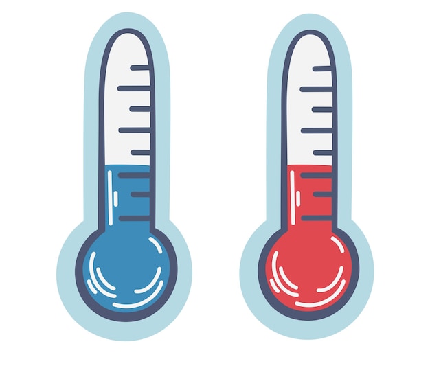 온도계 두 개의 온도계 따뜻하고 추운 날씨 예보 섭씨와 화씨의 기상 온도계는 더위와 추위를 측정합니다 벡터 손 그리기 그림 절연