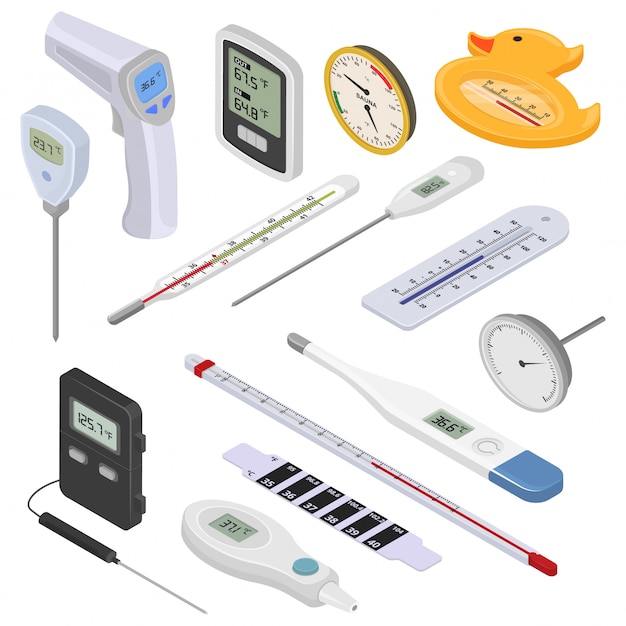 Thermometer vector temperen meting celsius fahrenheit schaal koud heet graad weer isometrische set meteorologie medische apparatuur meten temperatuur geïsoleerd