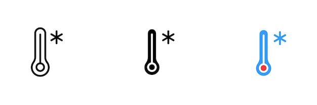 Thermometer with snowflake Frost winter cold season temperature measurement weather conditions nature precipitation snow Vector set icon in line black and colorful styles on white background