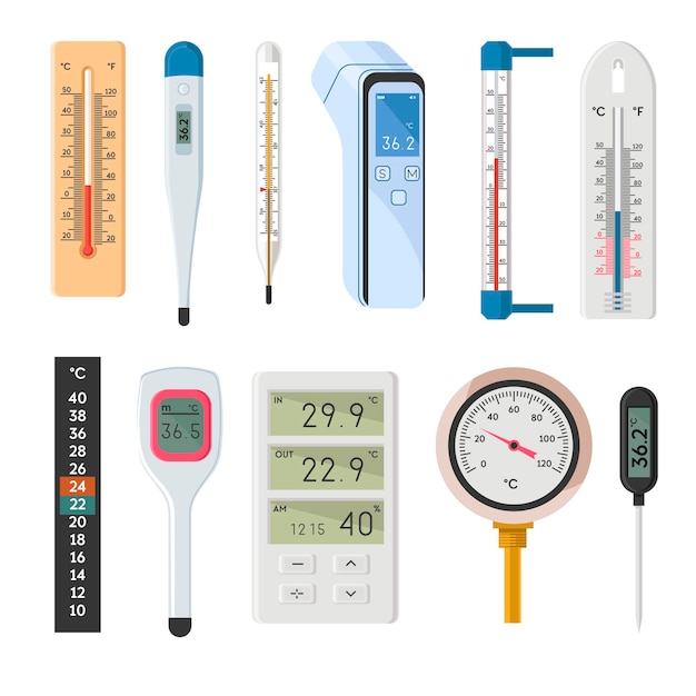Vector thermometers die temperatuur in celciuspictogram tonen