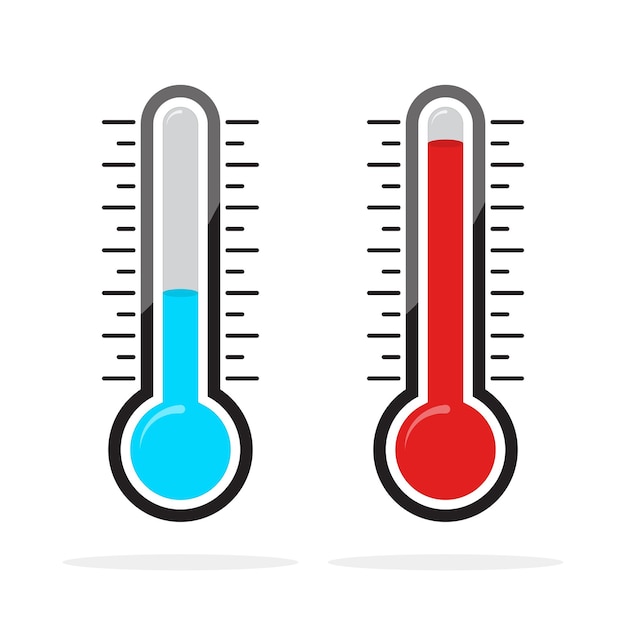 Значки термометров с разными уровнями. Векторная иллюстрация. Синие и красные индикаторы термометра в плоском стиле