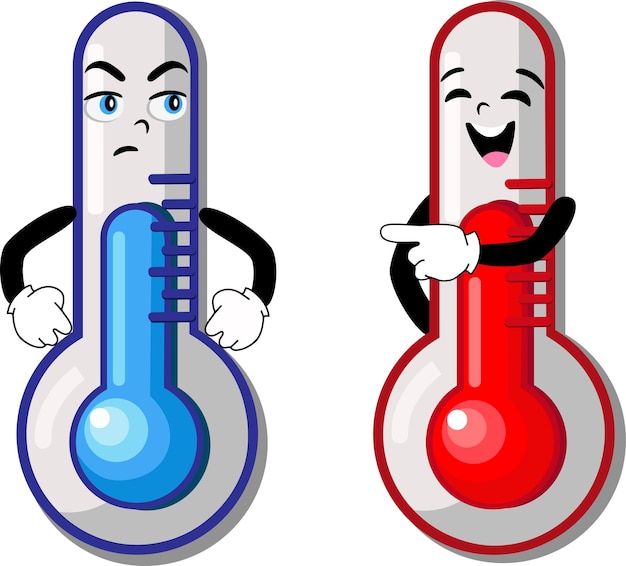 Thermometers met gezichten en handen. twee grappige karakters. ze drukken emoties uit. gekleurd op een witte achtergrond.