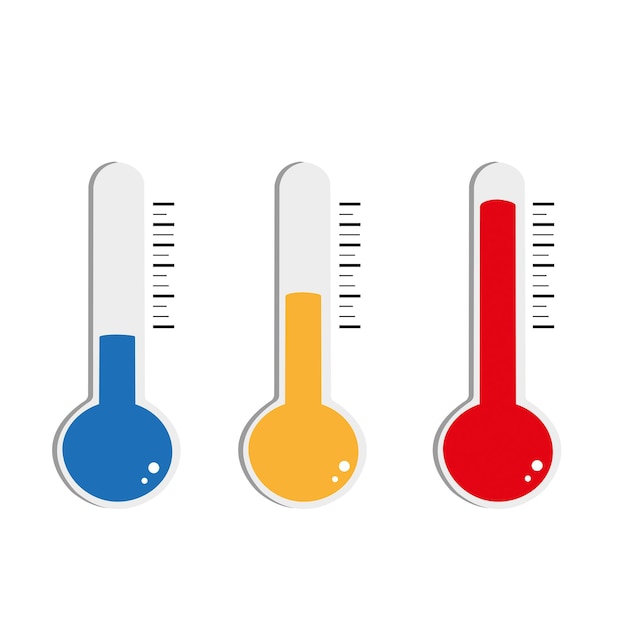 Vector thermometers showing hot warm and cold temperatures on a white background with copy space