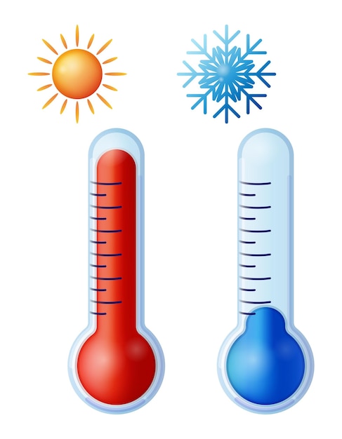 Вектор Термометры с индикаторами горячего и холодного климата. термометры с красными и синими индикаторами.