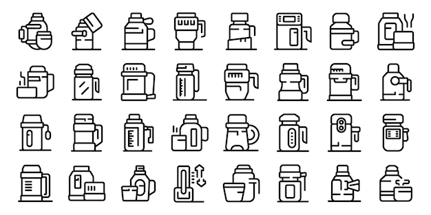 Thermos icons set outline vector Water steel thermo Vacuum plastic