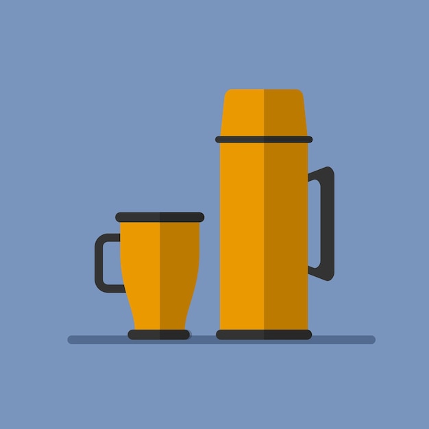 Thermos and Thermo cup in flat style isolated on blue background