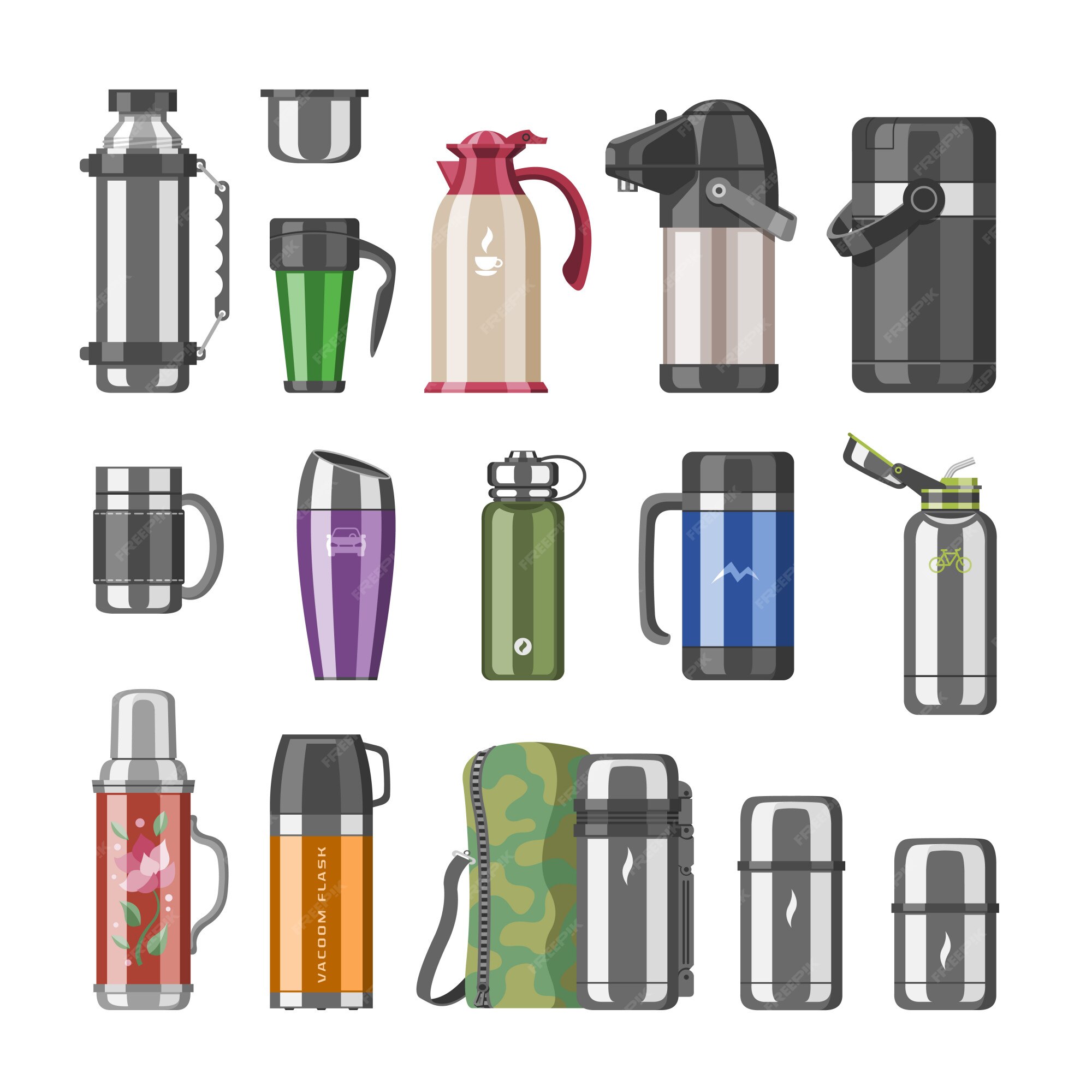 Thermos thermosfles roestvrij fles met warme drank koffie of illustratie set metalen gebottelde container of aluminium mok op witte achtergrond | Premium Vector