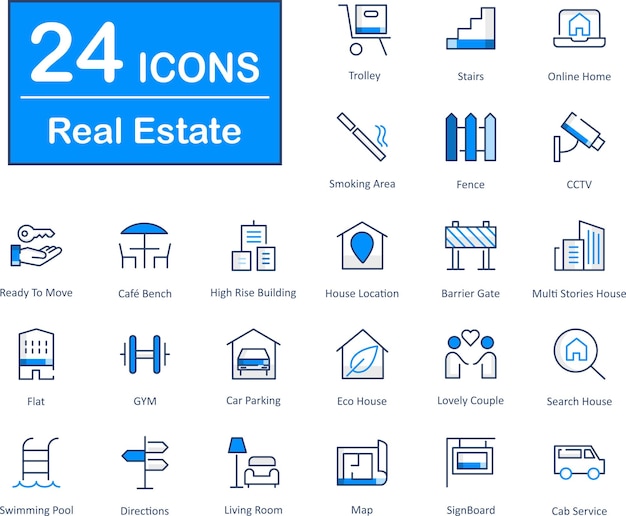 These are 24 beautiful small pixel perfect real estate interface vector icons