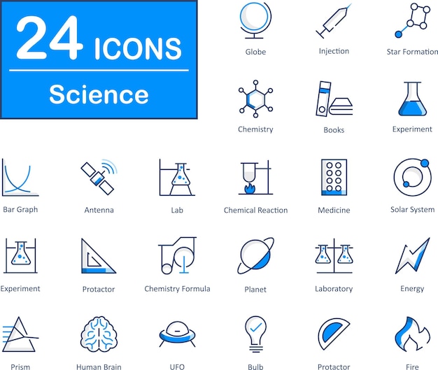 Queste sono 24 bellissime piccole pixel perfette icone vettoriali scientifiche