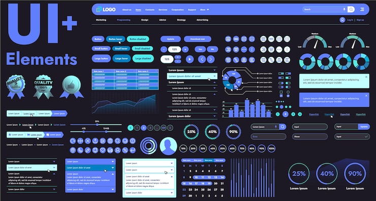 Vector these graphic components provide a comprehensive approach to the development of interfaces that meet modern requirements for functionality and aesthetics in internet resources