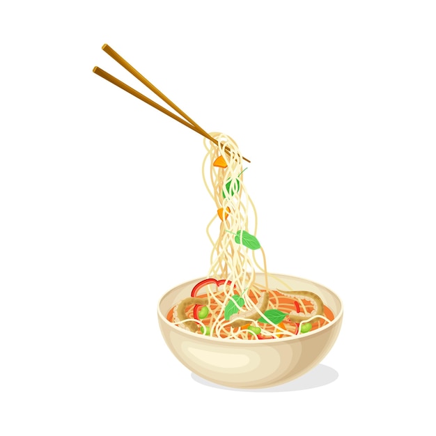 thick broth with seafood and noodles as asian savoury soup served in bowl with chopsticks vector illustration