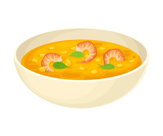 Vector thick soup with shrimps and corn served in deep bowl vector illustration