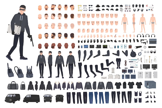 thief, burglar or robber diy kit. collection of flat male cartoon character body parts in different positions, skin types, clothing and accessories isolated on white background. vector illustration.