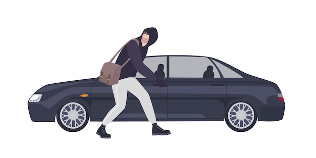 Vector thief, burglar or rubber dressed in hoodie sneaking to break automobile's window. criminal committing crime. motor vehicle theft scene, unlawful act. flat cartoon colorful vector illustration.