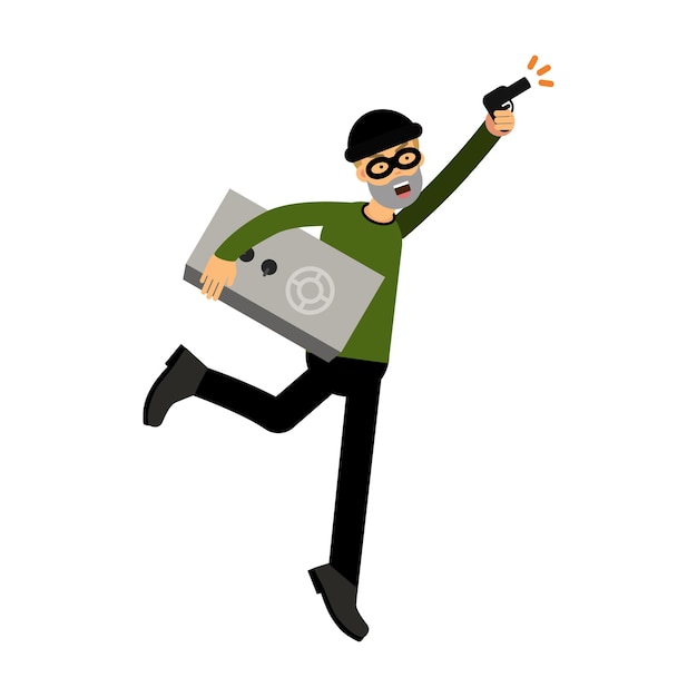 Thief character running with a safe and gun vector Illustration on a white background