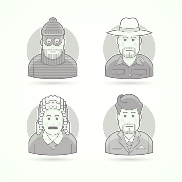 Thief, farmer, judge, businessman icons. character, avatar and person illustrations.  black and white outlined style.