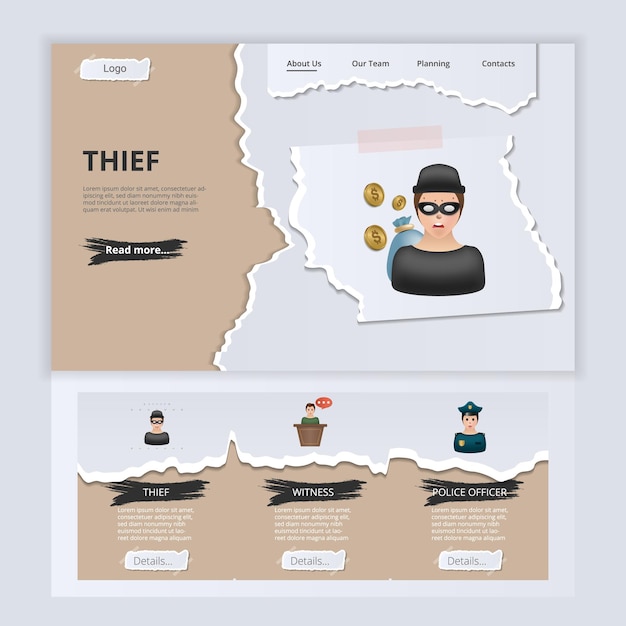 Thief flat landing page website template prisoner witness police officer web banner with header